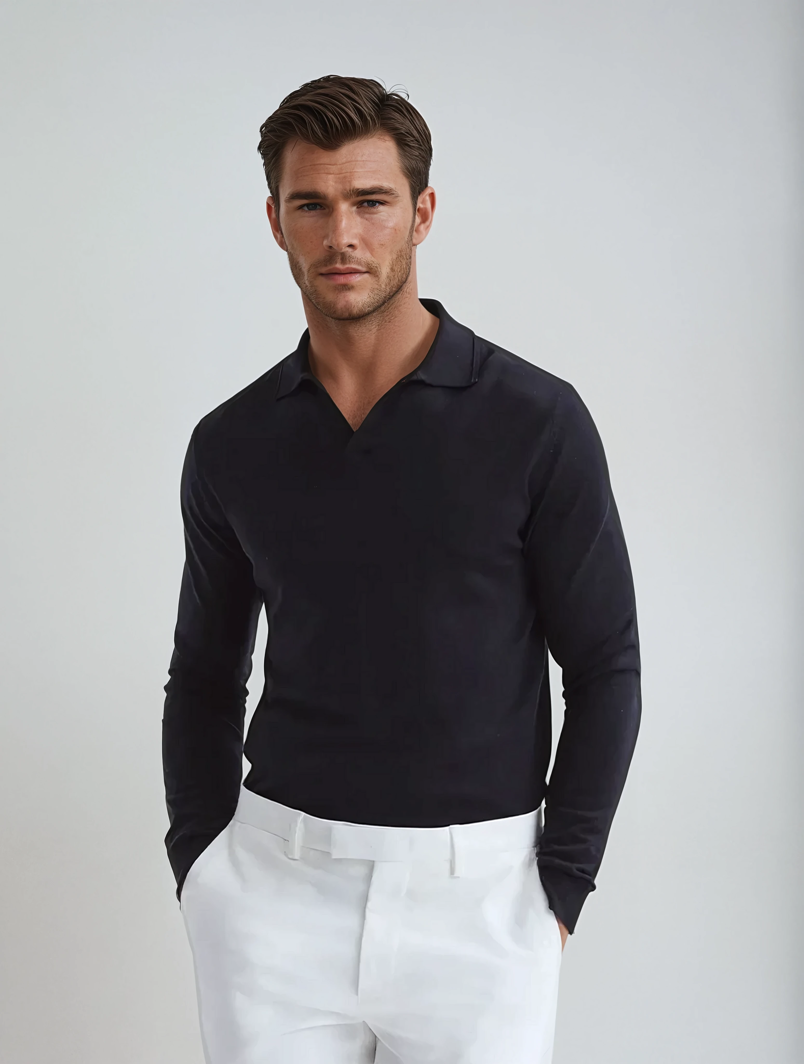 BUTTONLESS LONG SLEEVE POLO BLACK